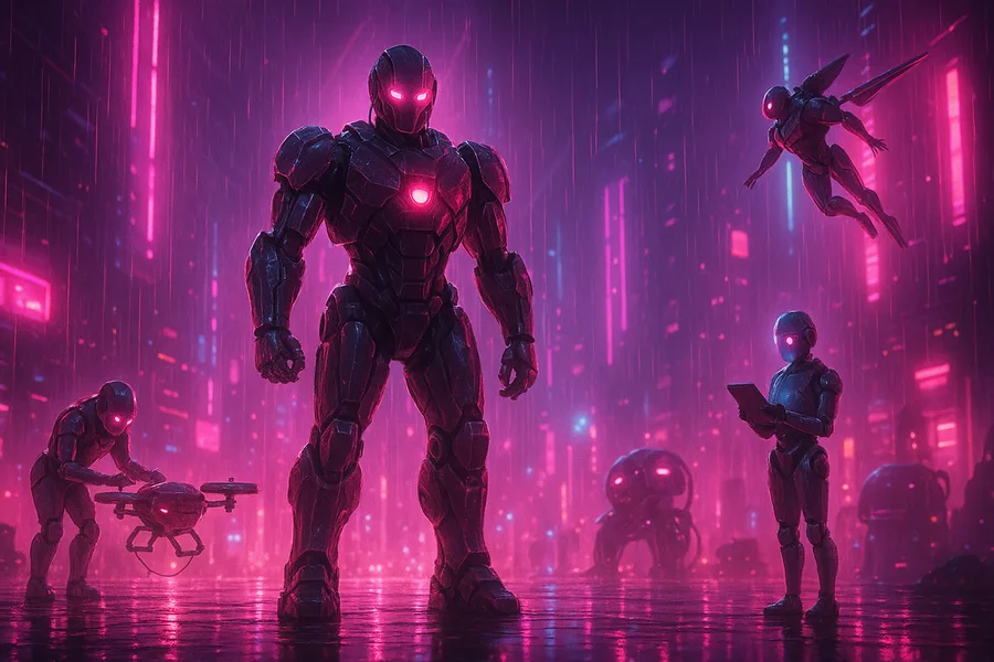 Robot Warrior Standing In Neon Rain Robots Wallpaper  18 4K