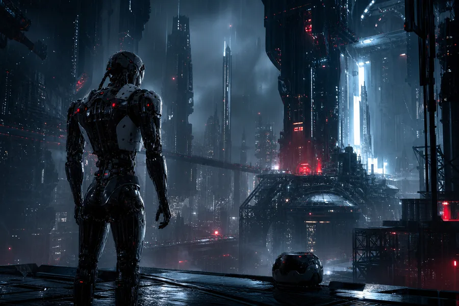 Robot Warrior Standing In Neon Rain Robots Wallpaper  2 4K