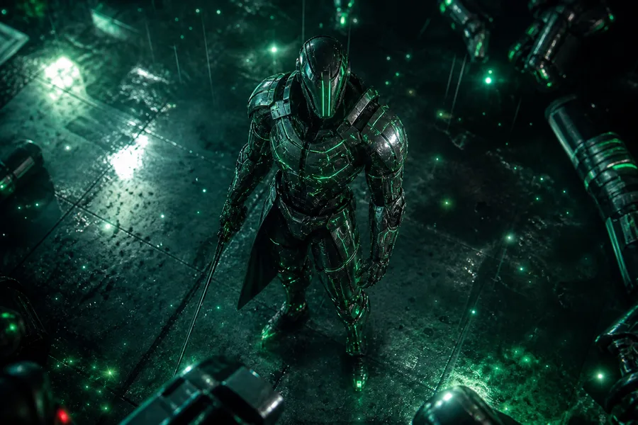 Robot Warrior Standing In Neon Rain Robots Wallpaper  2 4K