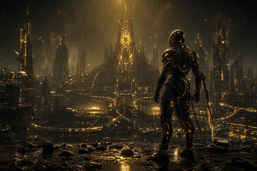 Robot Warrior Standing In Neon Rain Robots Wallpaper  2 4K