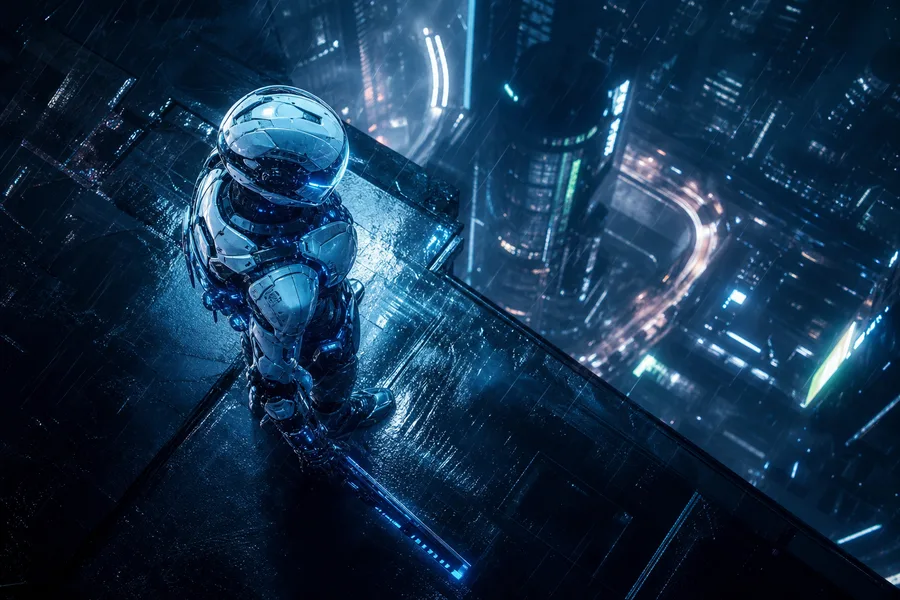 Robot Warrior Standing In Neon Rain Robots Wallpaper  2 4K