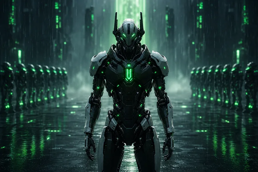 Robot Warrior Standing In Neon Rain Robots Wallpaper  2 4K
