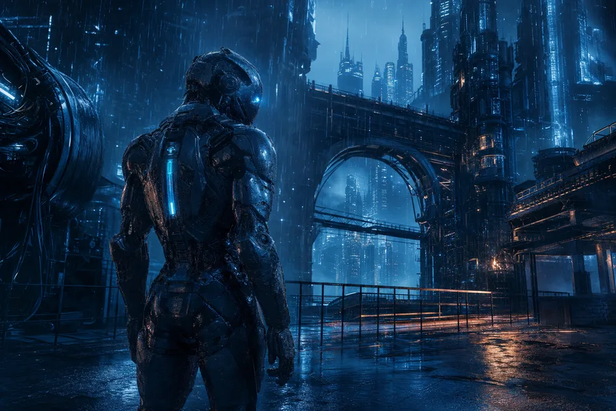 Robot Warrior Standing In Neon Rain Robots Wallpaper  2 4K
