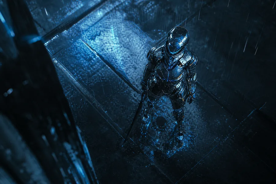 Robot Warrior Standing In Neon Rain Robots Wallpaper  2 4K