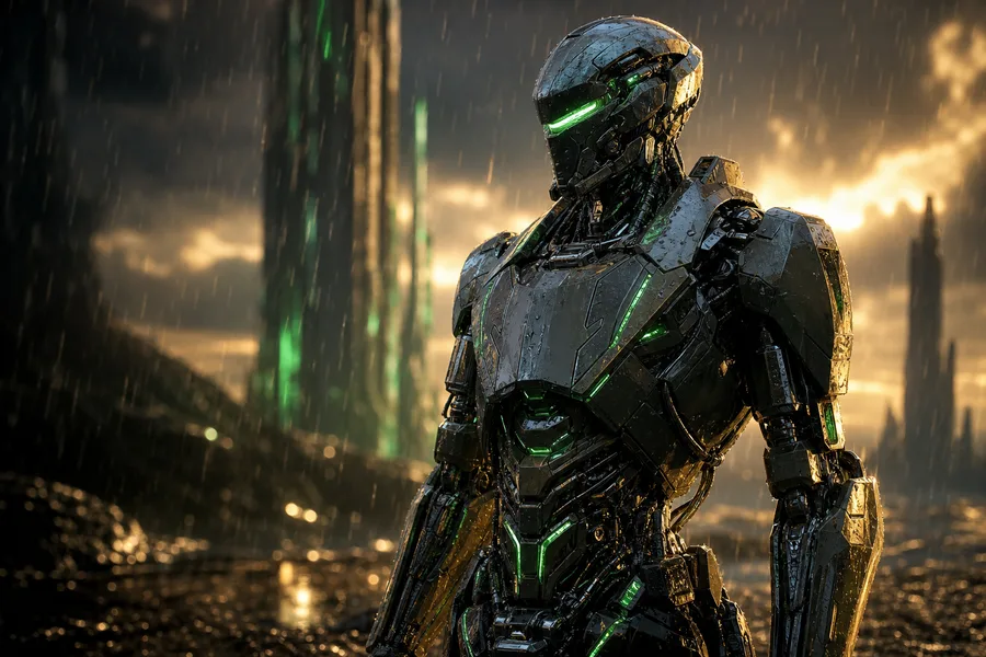 Robot Warrior Standing In Neon Rain Robots Wallpaper  2 4K