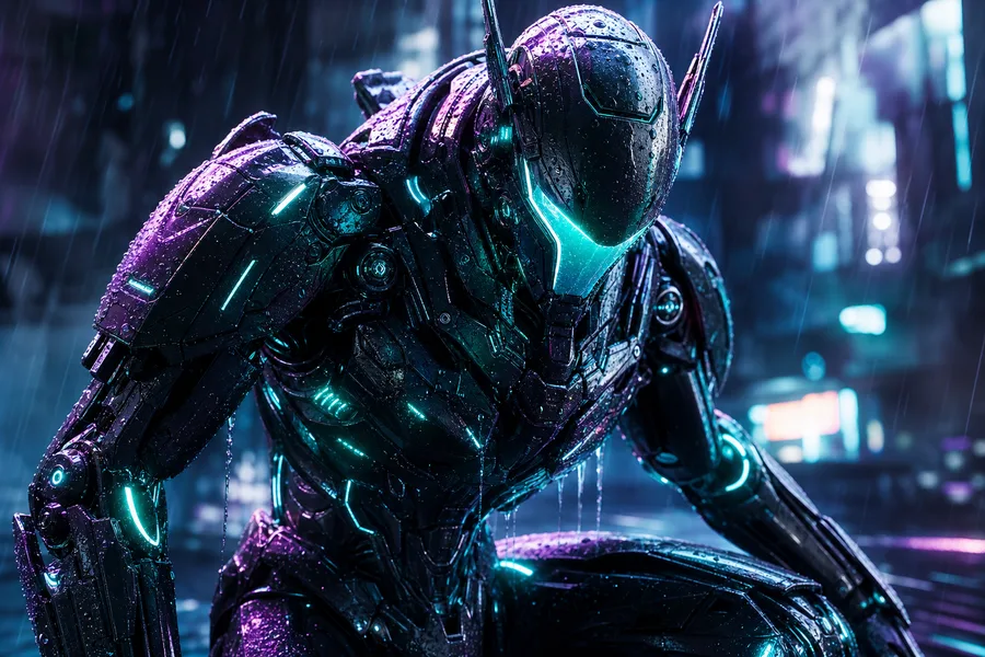 Robot Warrior Standing In Neon Rain Robots Wallpaper  2 4K