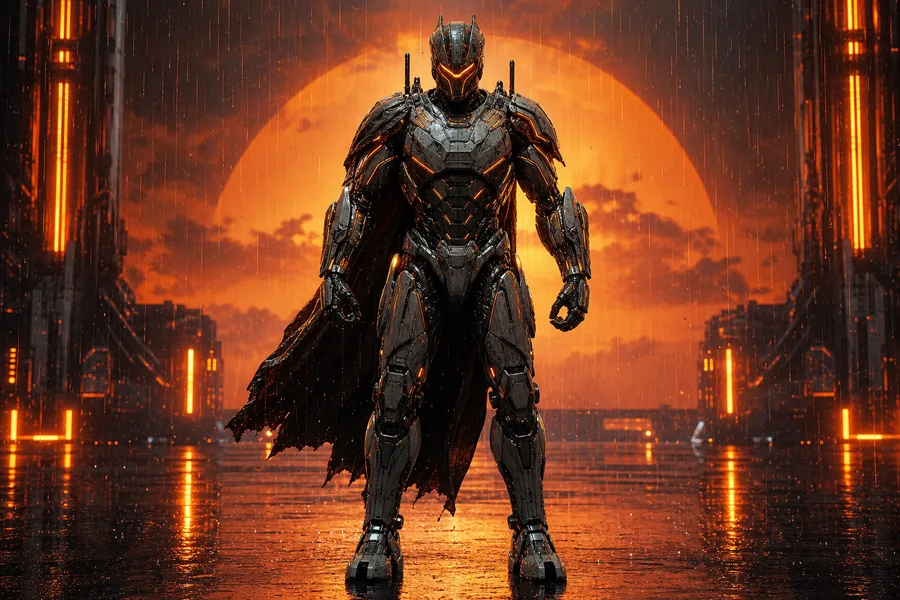 Robot Warrior Standing In Neon Rain Robots Wallpaper  2 4K