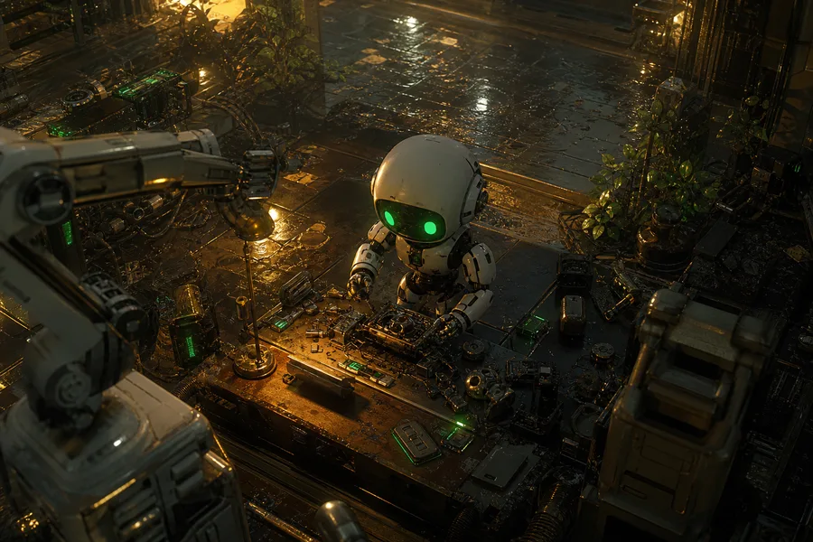 Small Cute Robot In Workshop Robots Wallpaper  3 4K