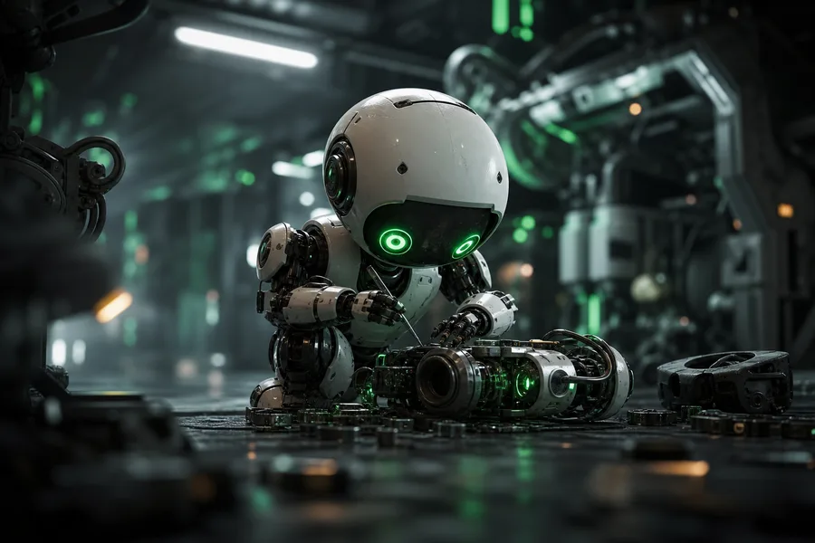 Small Cute Robot In Workshop Robots Wallpaper  3 4K