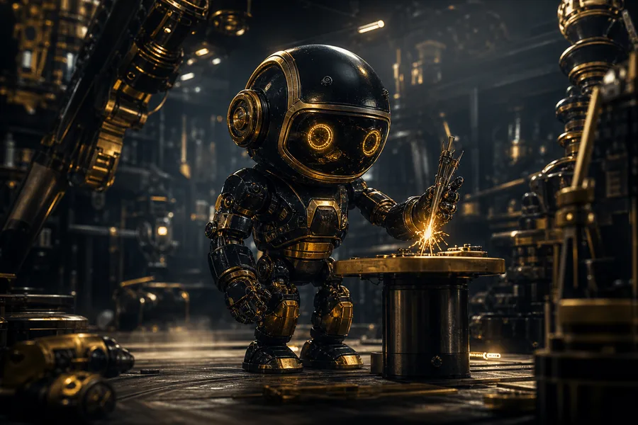 Small Cute Robot In Workshop Robots Wallpaper  3 4K