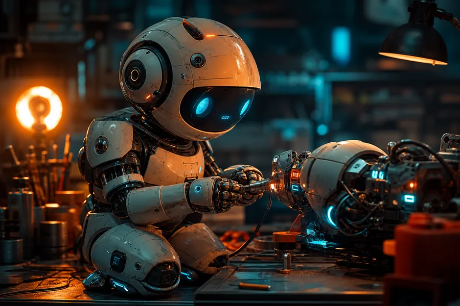 Small Cute Robot In Workshop Robots Wallpaper  3 4K