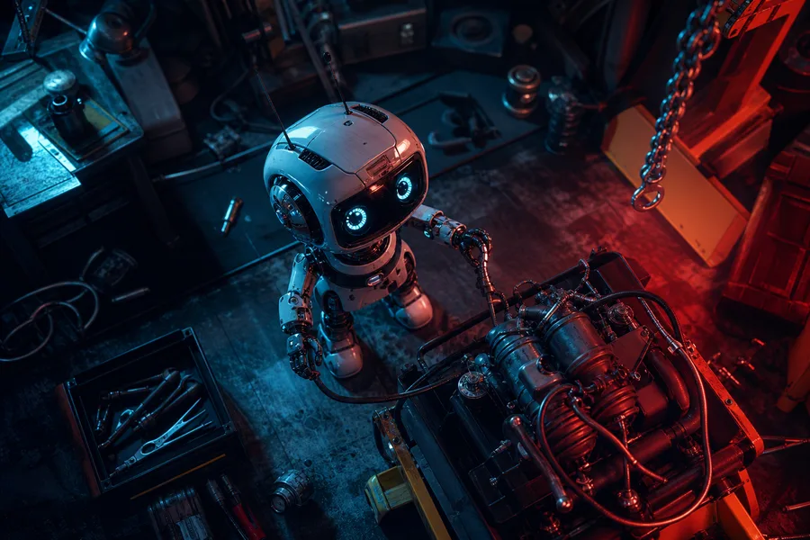Small Cute Robot In Workshop Robots Wallpaper  3 4K
