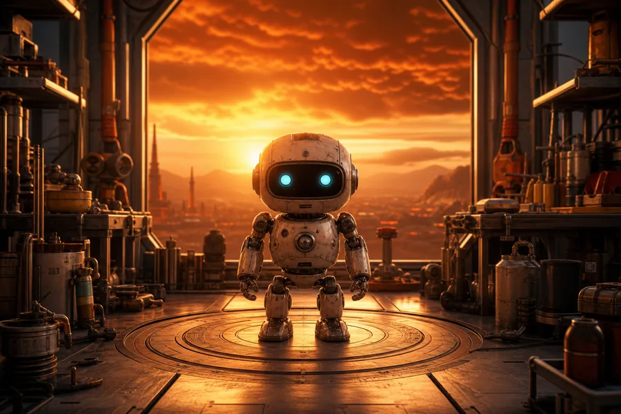 Small Cute Robot In Workshop Robots Wallpaper  3 4K