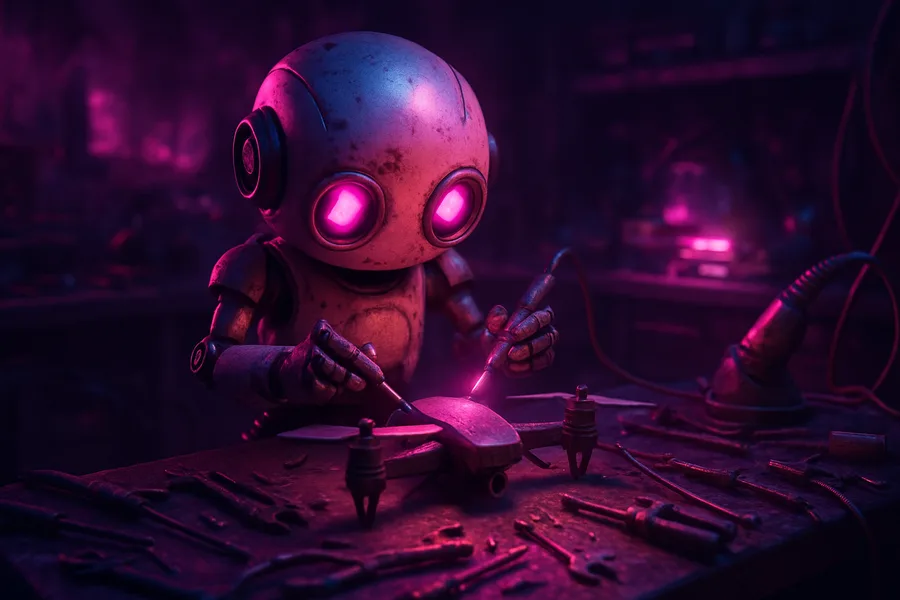 Small Cute Robot In Workshop Robots Wallpaper  3 4K