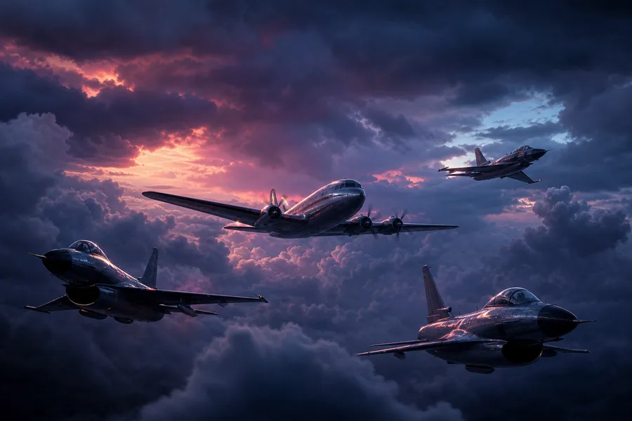 Vintage Aircraft Formation In Dramatic Sunset Clouds Airplanes Wallpaper  3 4K