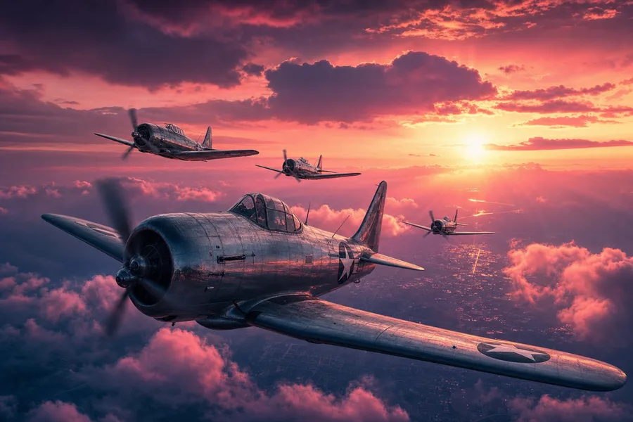 Vintage Aircraft Formation In Dramatic Sunset Clouds Airplanes Wallpaper  3 4K