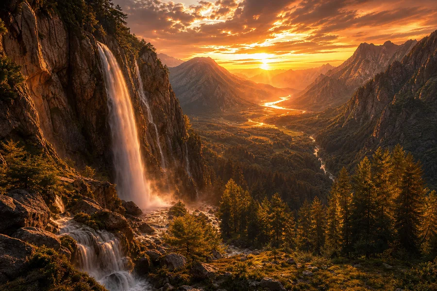 Waterfall Valley Cinematic Nature Wallpaper  3 4K