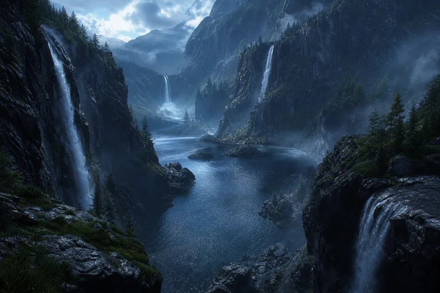Waterfall Valley Cinematic Nature Wallpaper  3 4K