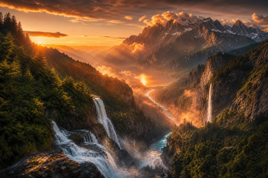 Waterfall Valley Cinematic Nature Wallpaper  3 4K